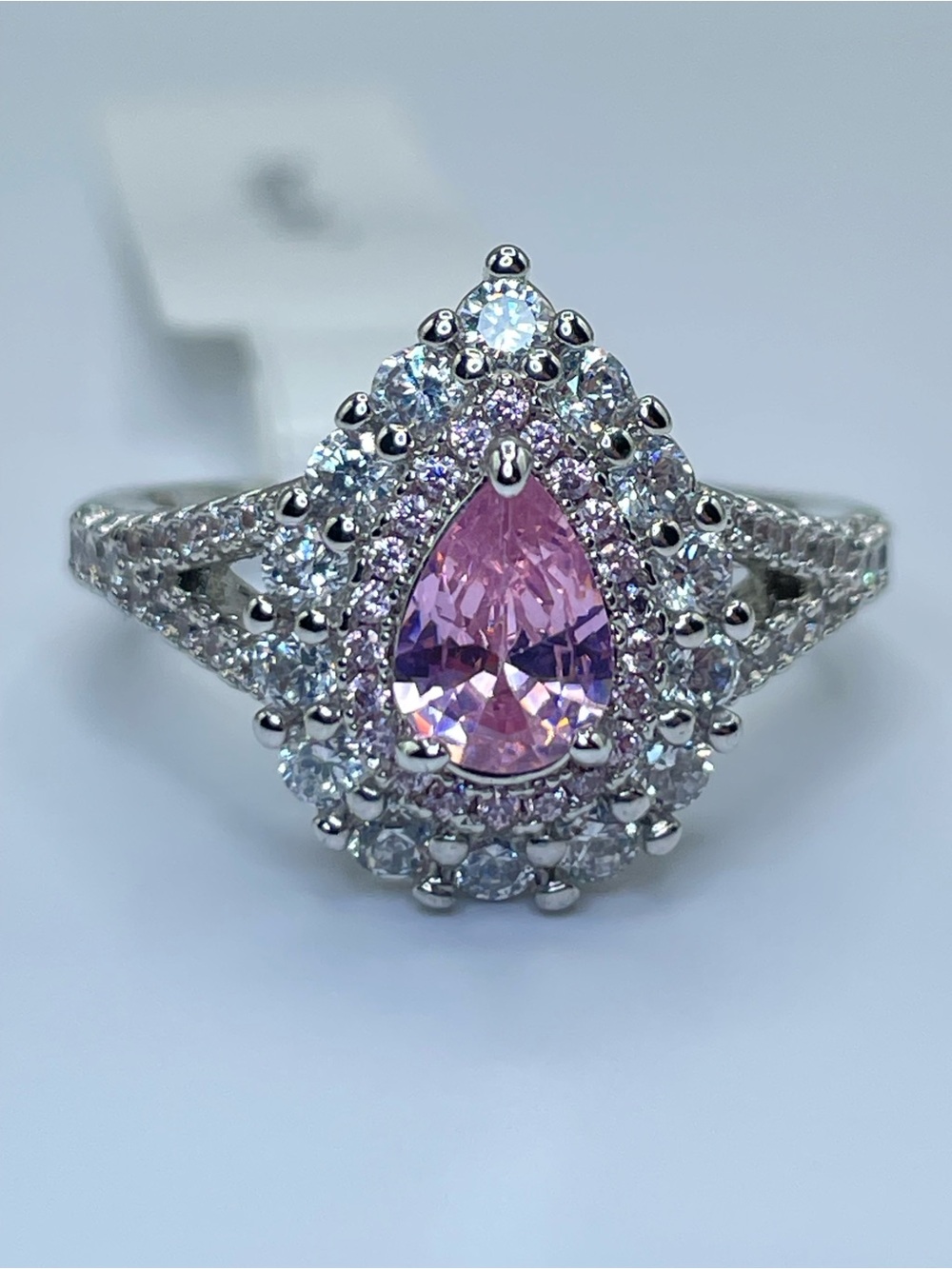 Swarovski Crystal Elements Pink Pear Crystal Halo Art Deco Statement Ring Size 7